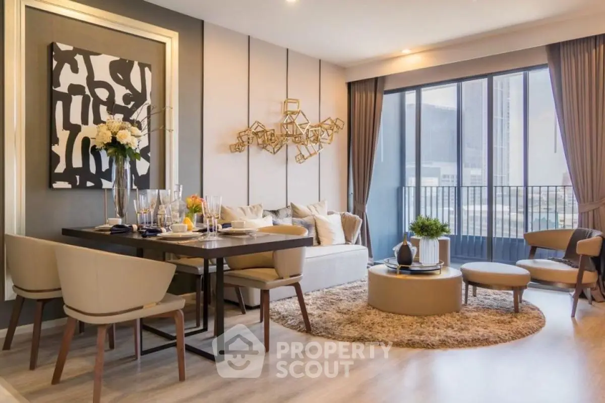 Stylish modern living room with elegant decor and large windows offering city views.