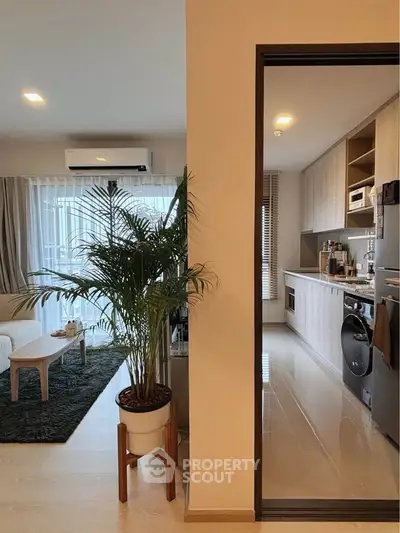 Modern open-layout living room and kitchen with stylish decor and natural light.