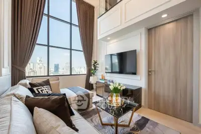 Luxurious high-rise living room with stunning city view and elegant decor