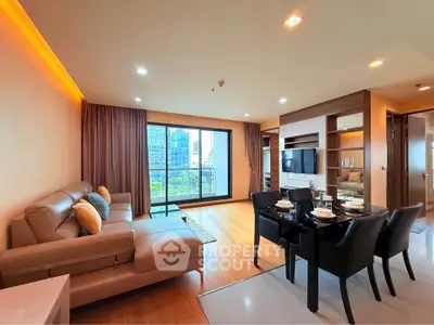 Spacious modern living room with city view and elegant dining area