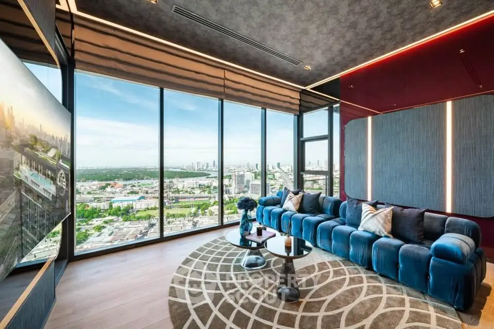 Luxurious living room with panoramic city views and modern decor