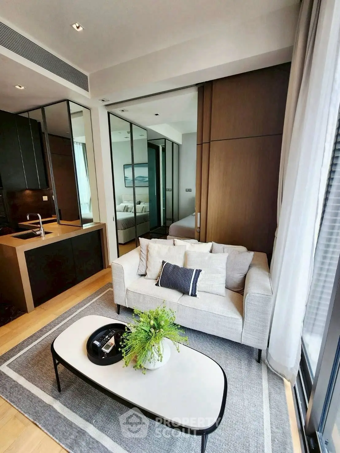 Modern living room with cozy sofa and stylish decor in a contemporary apartment