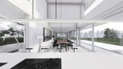 Modern open-plan kitchen and dining area with sleek design and large windows