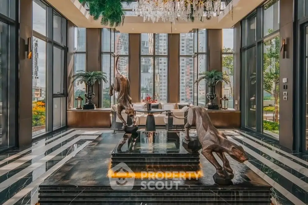 Luxurious modern living room with floor-to-ceiling windows and elegant decor