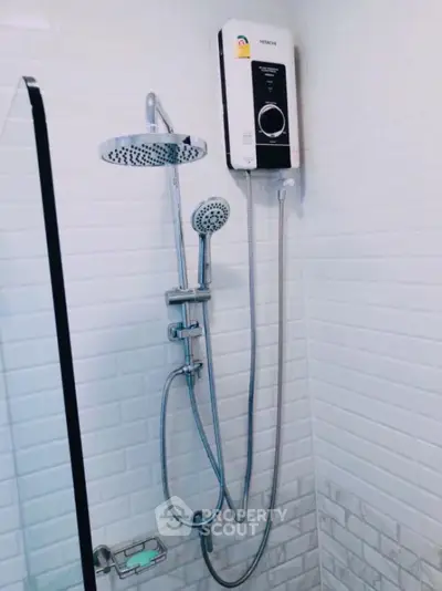 Modern bathroom shower with sleek fixtures and water heater