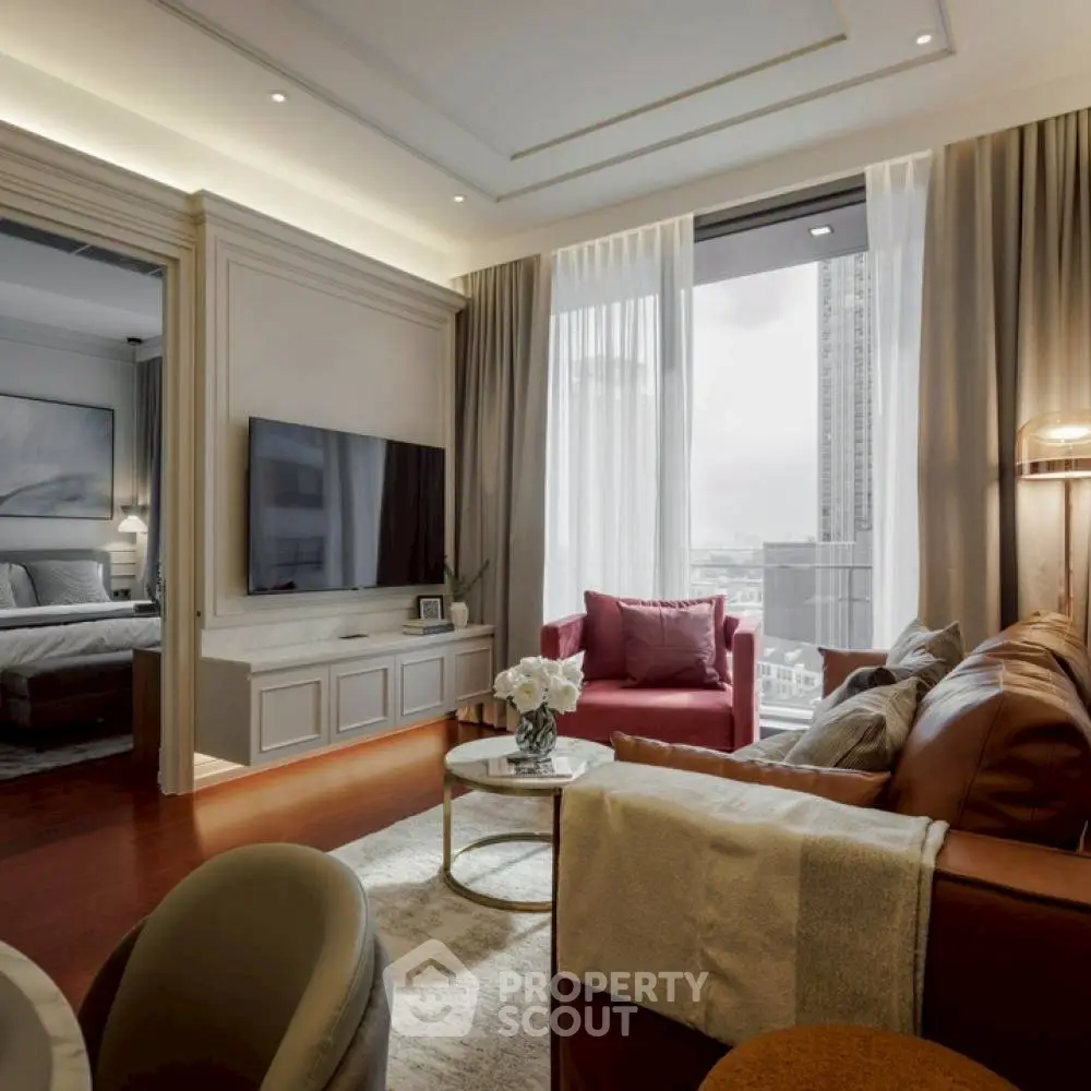 Luxurious living room with elegant decor and city view, featuring plush seating and modern design.
