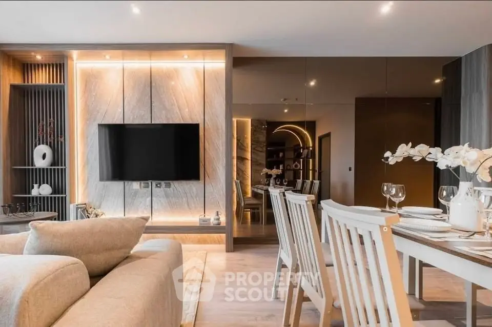 Luxurious modern living room with elegant dining area and stylish decor
