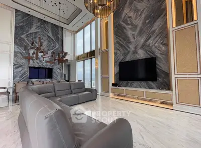 Luxurious modern living room with high ceilings and panoramic city views