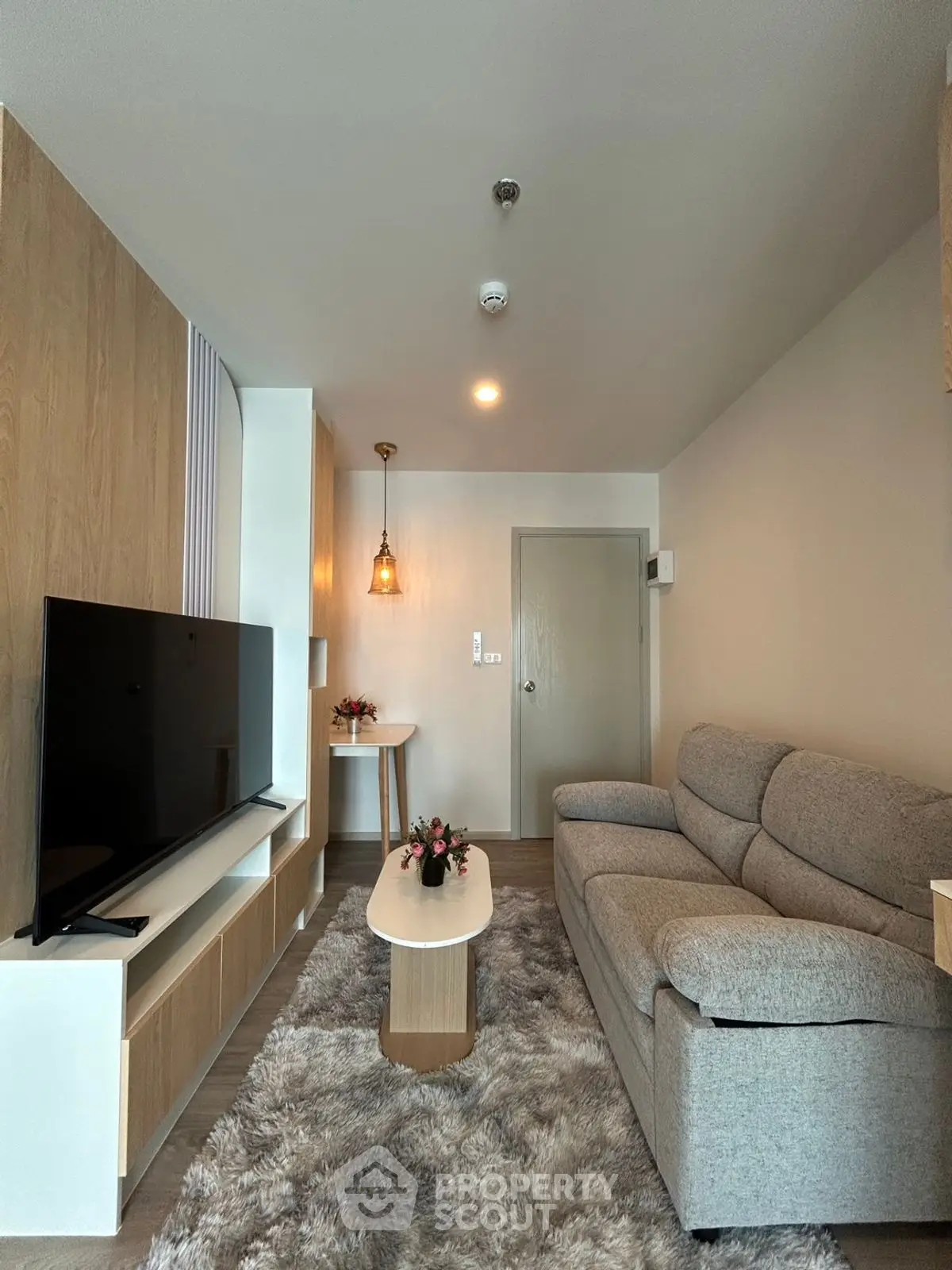 Modern living room with cozy sofa and large TV in stylish apartment