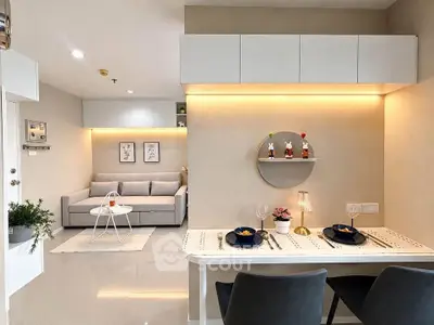 Modern living room with dining area, featuring sleek furniture and ambient lighting.