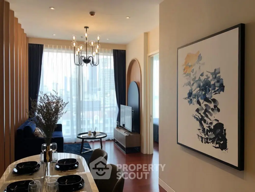 Modern living room with elegant dining area and city view