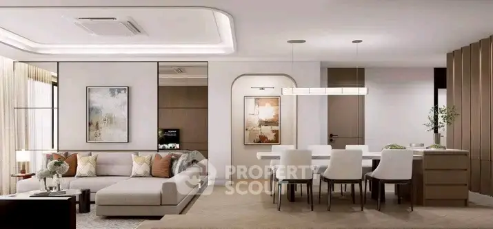 Luxurious open-plan living and dining area with modern decor and elegant lighting.