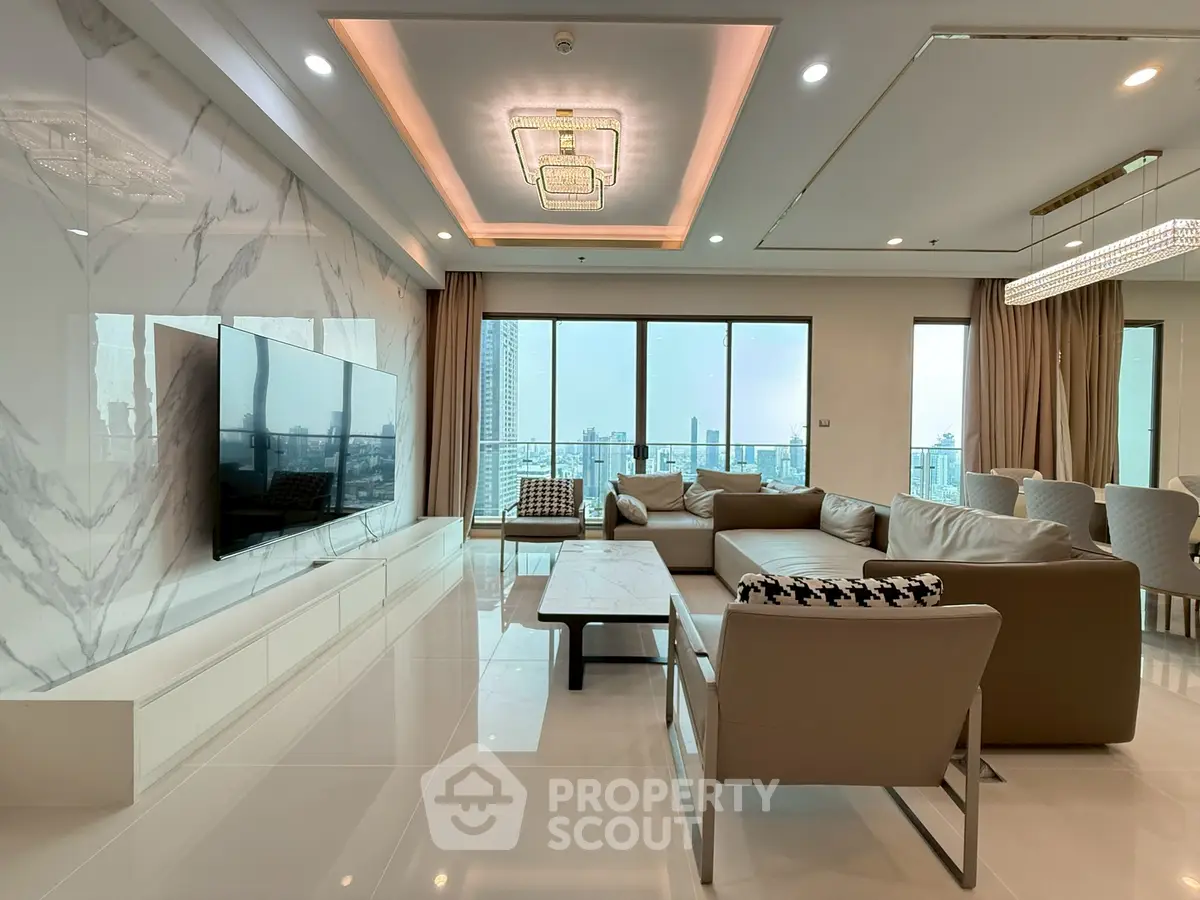 Luxurious modern living room with city view, elegant furniture, and stylish lighting.