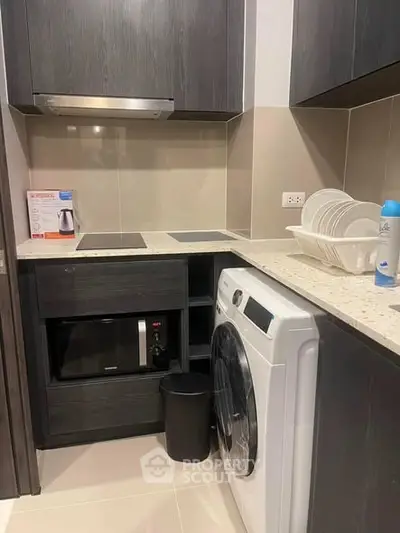 Modern kitchen with sleek appliances and stylish cabinetry, featuring a washing machine and microwave.