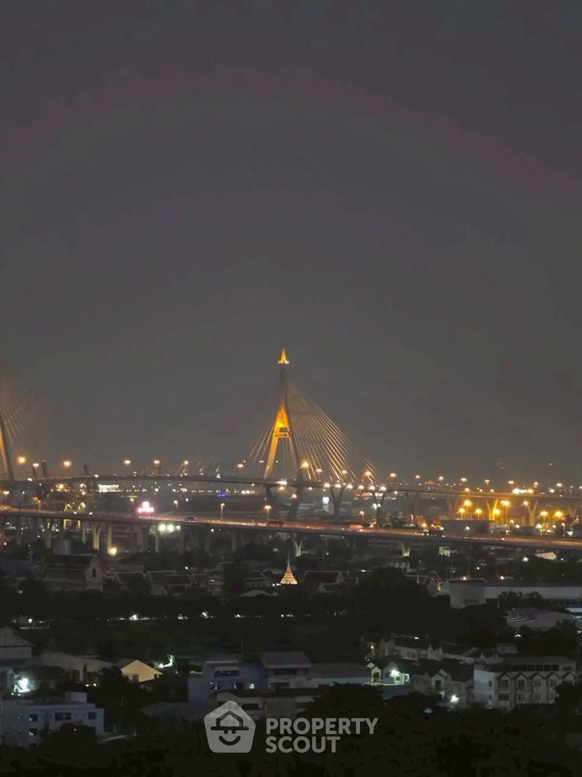 Stunning night view of cityscape with illuminated bridge and skyline, perfect for urban living enthusiasts.