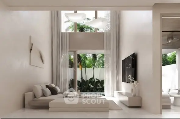 Luxurious modern living room with high ceilings and garden view, featuring elegant decor and natural light.