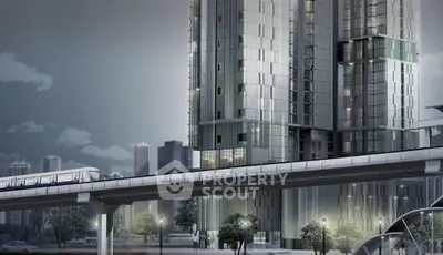 Modern high-rise building with sleek design and urban transit view, perfect for city living enthusiasts.