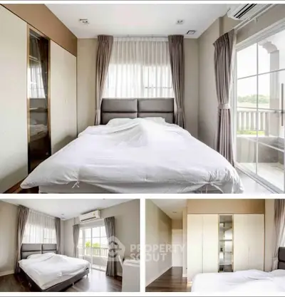 Bright and airy bedroom with large windows and modern decor, featuring a comfortable bed and ample storage space.