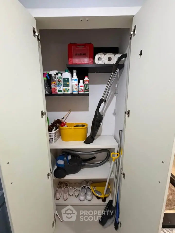 Organized storage closet with cleaning supplies and tools in a modern home.
