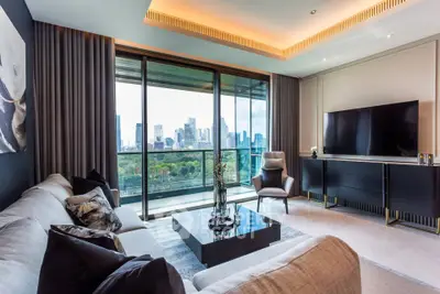 Luxurious living room with stunning city view and modern decor