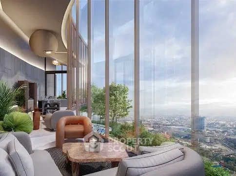 Luxurious living room with panoramic city view and modern decor