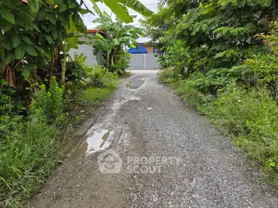 Charming gravel pathway surrounded by lush greenery leading to a cozy residential property.