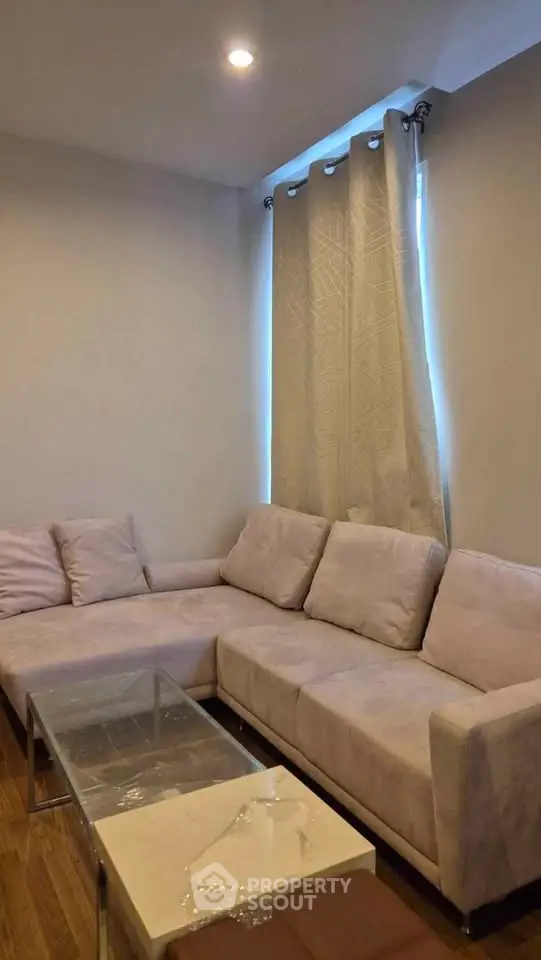 Cozy living room with modern L-shaped sofa and elegant curtains