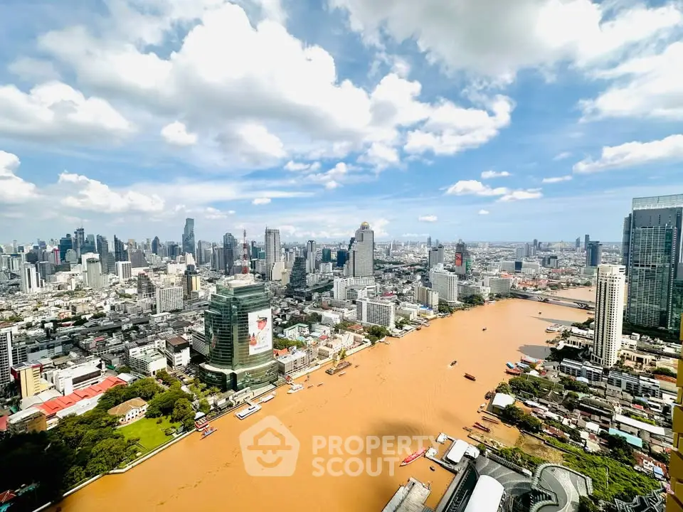 Stunning aerial view of a vibrant cityscape with a river cutting through modern skyscrapers under a bright blue sky.