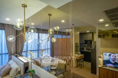 Luxurious modern studio apartment with elegant lighting and open layout in urban setting.