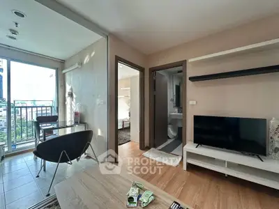 Modern living room with balcony view in a stylish apartment