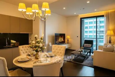 Luxurious modern living room with elegant dining area and city view, perfect for urban living.