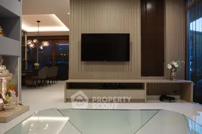 Modern living room with sleek TV setup and elegant dining area