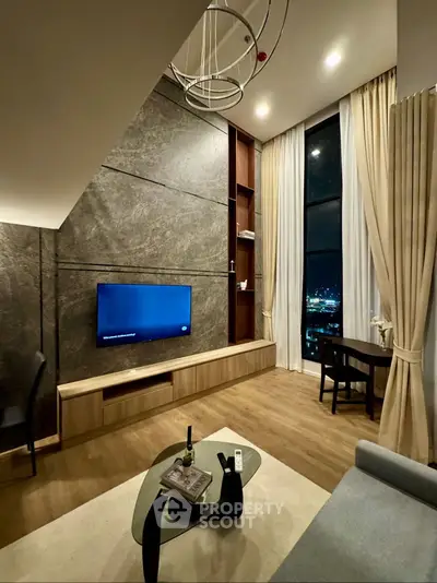 Luxurious modern living room with high ceilings and city view