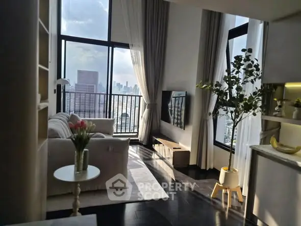 Luxurious living room with floor-to-ceiling windows and stunning city view