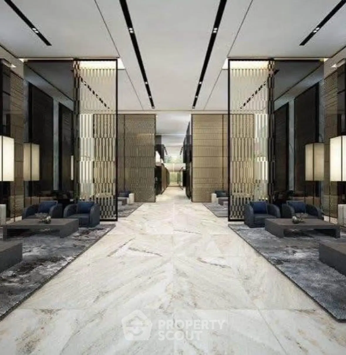 Luxurious modern lobby with elegant marble flooring and stylish seating area.