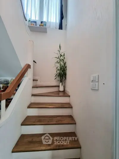 Charming staircase with wooden steps and natural light, perfect for cozy home ambiance.