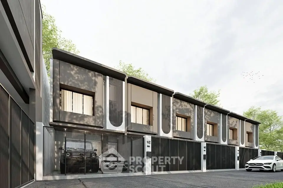 Modern townhouse exterior with sleek design and spacious parking area.