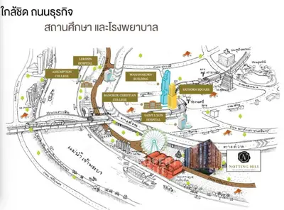 Illustrative map highlighting Notting Hill condo location near key Bangkok landmarks.