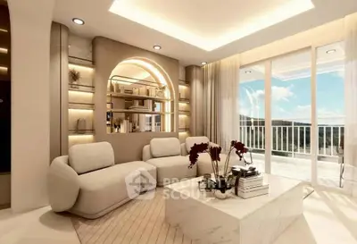 Luxurious living room with modern decor and stunning balcony view