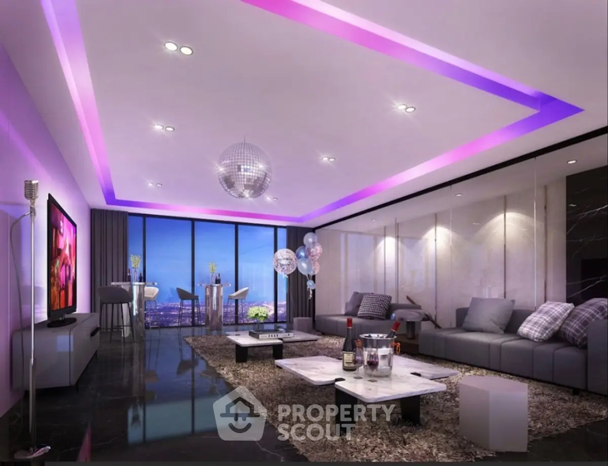 Luxurious modern living room with city view, stylish decor, and ambient lighting.