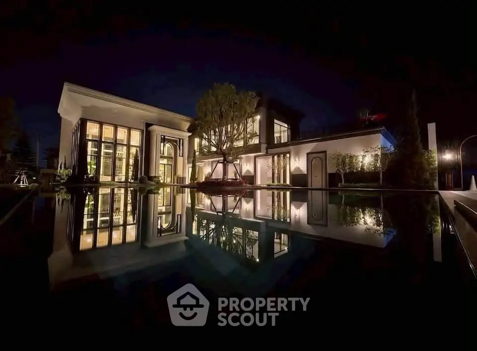 Luxurious modern villa with stunning night lighting and pool reflection