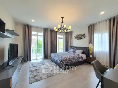 Spacious bedroom with modern decor and natural light