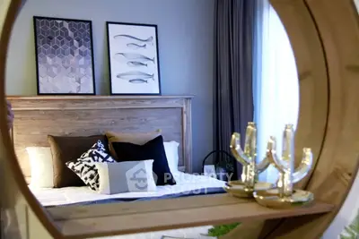Stylish bedroom with modern decor and cozy ambiance
