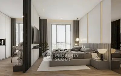 Modern bedroom with sleek design, large windows, and stylish decor for a luxurious living experience.