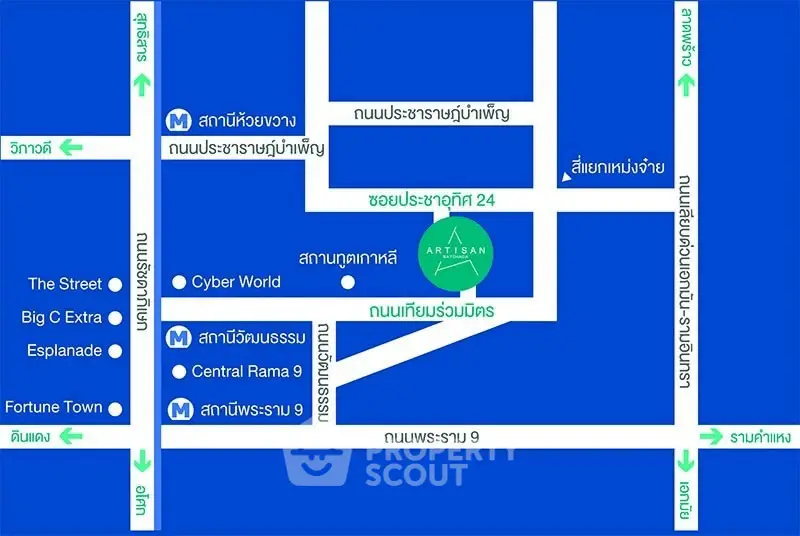 Map showing Artisan Ratchada location near Bangkok landmarks and metro stations.