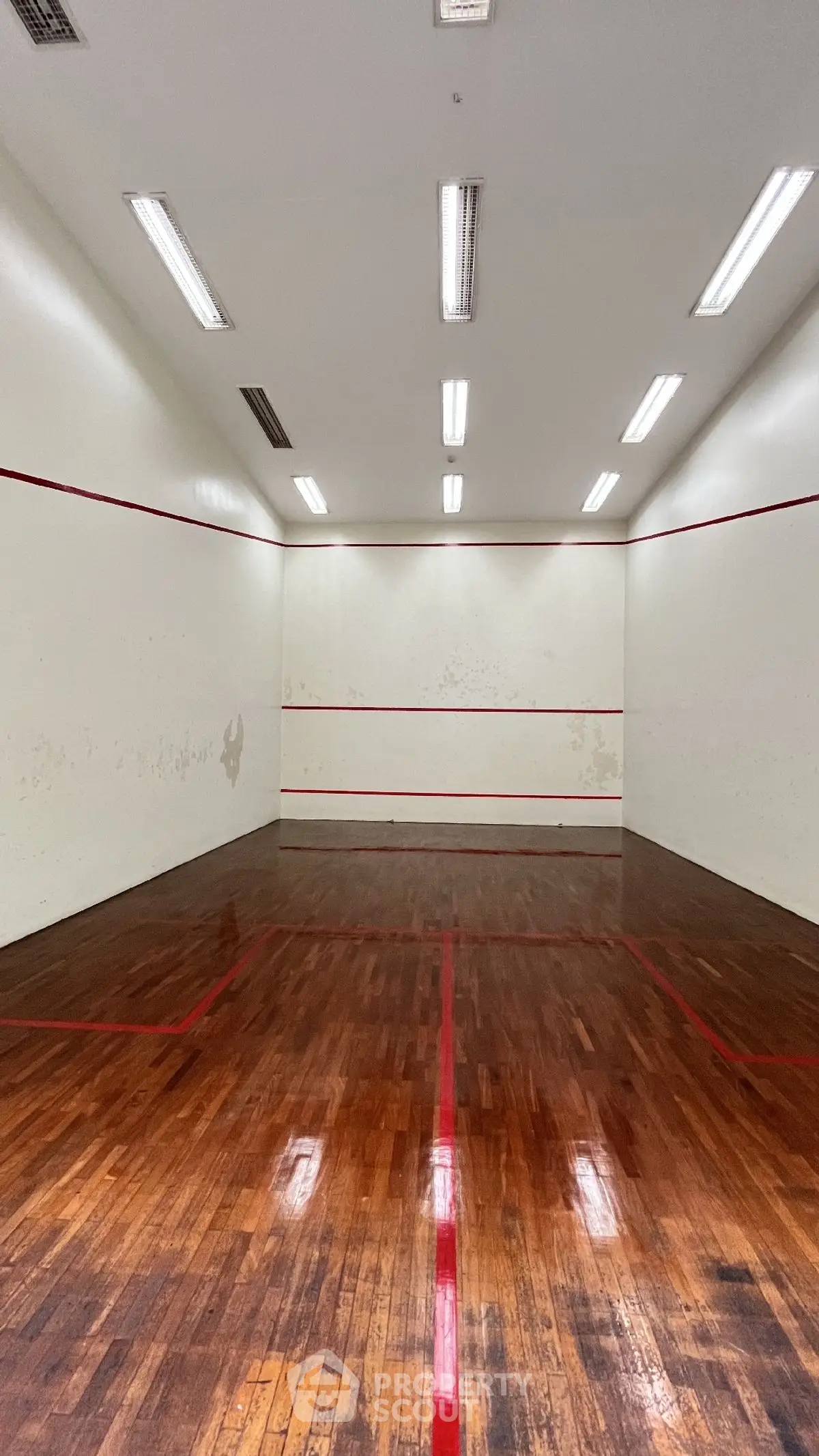 Spacious indoor squash court with polished wooden flooring and bright lighting.