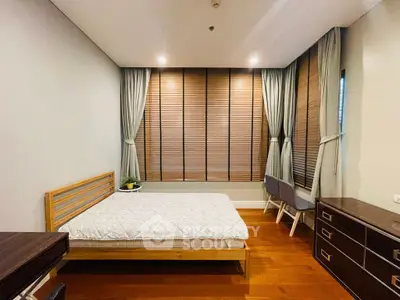 Modern bedroom with wooden flooring and stylish furniture, featuring large windows with blinds.
