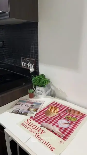 Charming kitchen corner with stylish decor and morning newspaper on table.