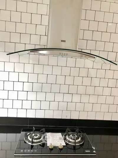 Modern kitchen with sleek gas stove and stylish range hood