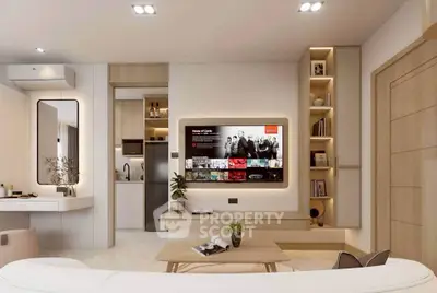 Modern living room with built-in TV, stylish shelving, and cozy seating area in a contemporary apartment.